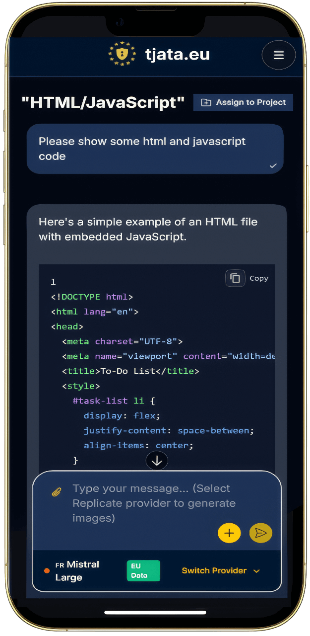 European AI chat interface showing GDPR-compliant conversation with ChatGPT alternative Tjata.eu